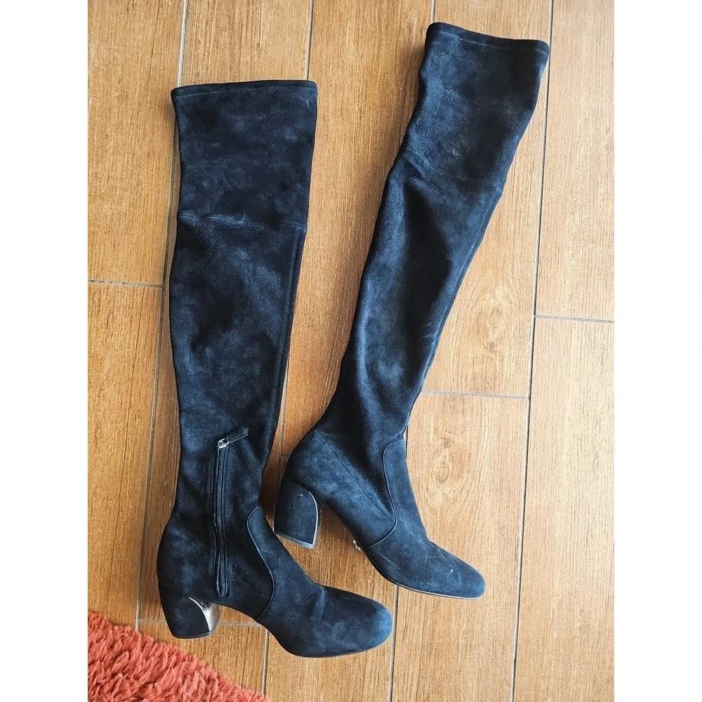 Women's Prada Black SUEDE‎ Leather Over-the-knee Block Heel Round Toe Boots TP01